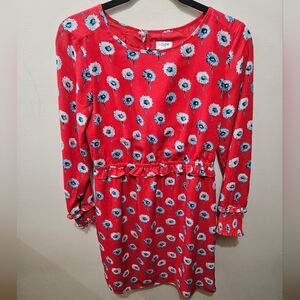 J Crew Red Blue Floral Long Sleeve Midi Knee Length Wedding Office Dress Size 2